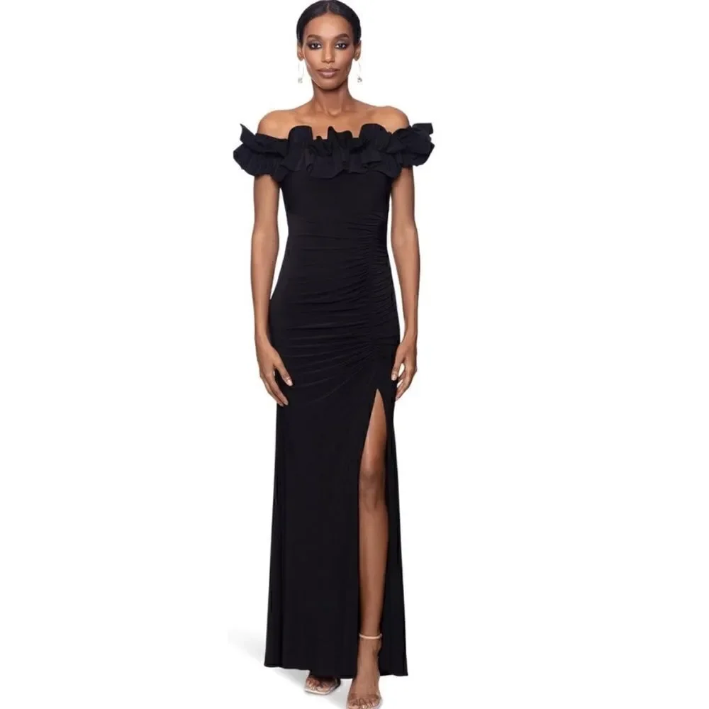 XSCAPE 3856X Off the Shoulder Ruffle Crepe Trumpet Gown black NWT $258